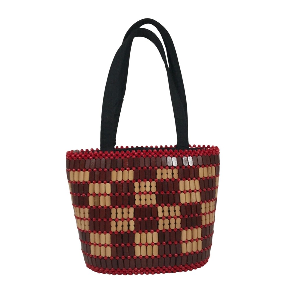 Vintage Beaded Wood Tote Bag and Matching Wristlet Set Red Brown Checkered Boho
